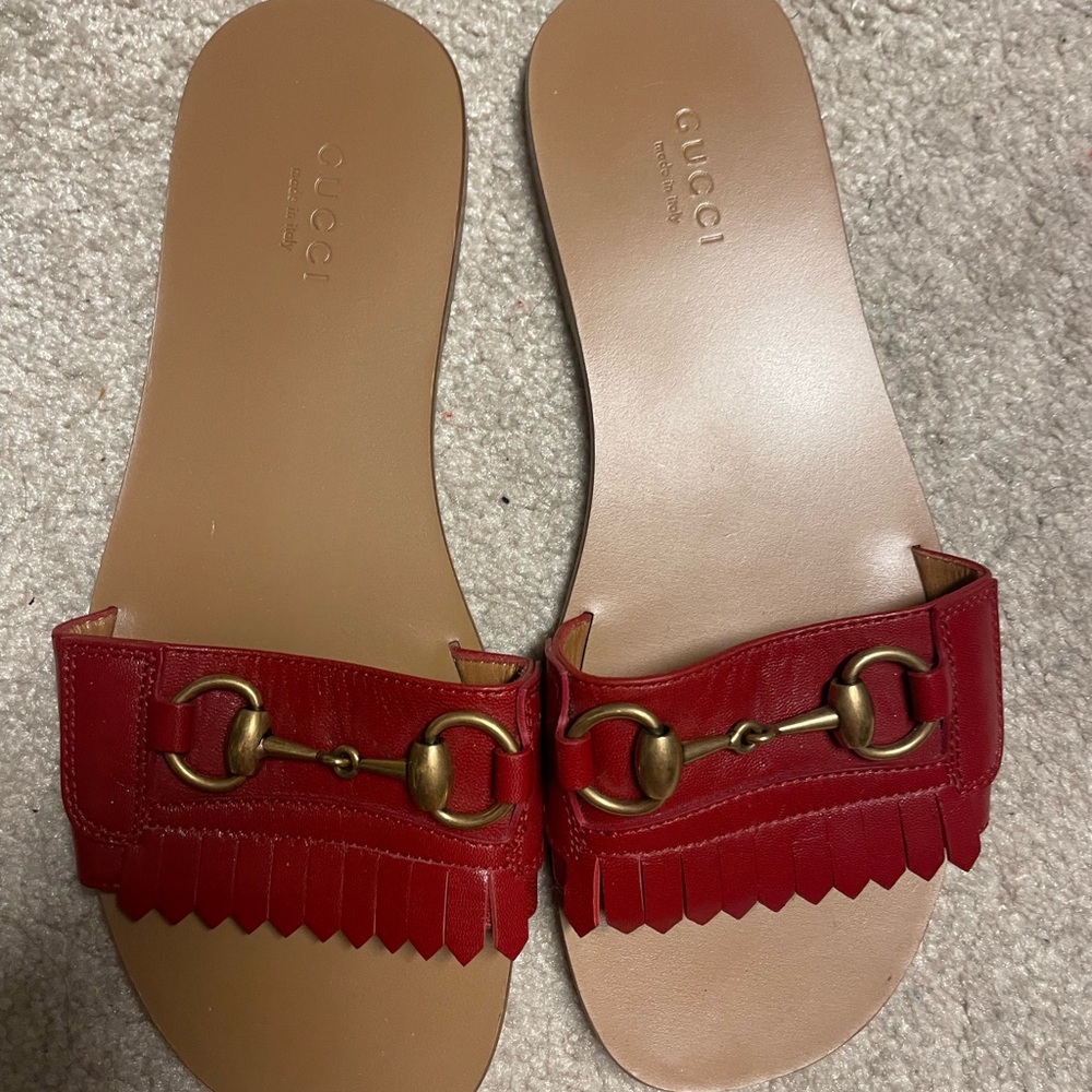 Gucci Red Leather Horsebit Slide Sandals